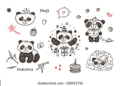 Cute Baby Panda Vector Set. Hand Drawn Doodle Funny Black and White Bear Cartoon Characters