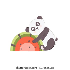 Cute baby panda with watermelon rainbow. Vector childish illustration