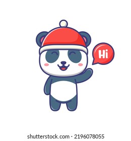 Cute baby panda wearing red hat and say hi cartoon illustration isolated suitable For sticker, banner, poster, packaging, children book cover.