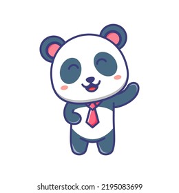 Cute baby panda wearing a tie and waving hand cartoon illustration. Panda cartoon flat design isolated. For sticker, banner, poster, packaging, children book cover.