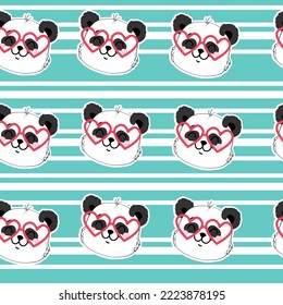 Cute baby pandas in kawaii doodle style. Vector cartoon illustration seamless pattern