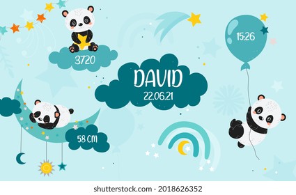 Cute baby pandas with rainbow, clouds, air ballons, stars, crescent and comet. Print for baby shower. Birth poster - newborn metric poster or banner. Greeting card. Flat cartoon vector illustration