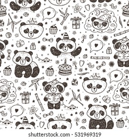 Cute Baby Pandas Vector Seamless pattern. Hand Drawn Doodle Funny Black and White Bamboo Bears. Background for kids. 