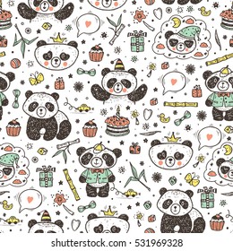 Cute Baby Pandas Vector Seamless pattern. Hand Drawn Doodle Funny Black and White Bamboo Bears. Background for kids. 