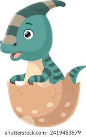 Cute baby parasaurolophus cartoon hatching from egg