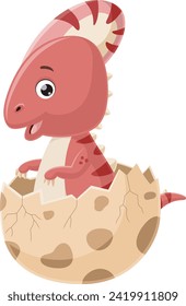 Cute baby parasaurolophus cartoon hatching from egg
