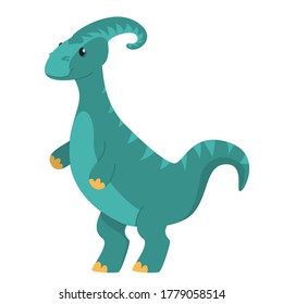 Cute baby parasaurolophus vector isolated. Funny cartoon dinosaur, ancient herbivore reptile. Green animal.