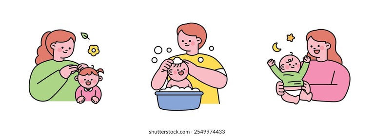 Lindo bebé y padres. Papá y mamá están lavando, vistiendo y atando el cabello del bebé.