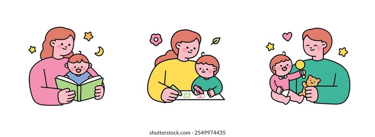 Cute baby and parents. Dad and mom are reading books to their baby and drawing pictures together, having a great time.