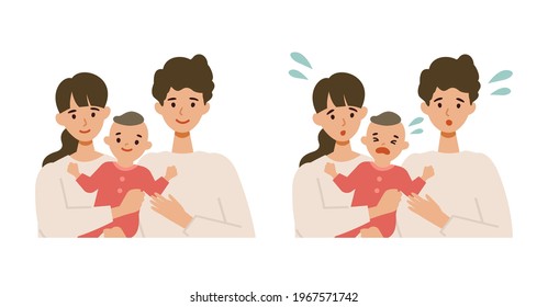 Cute baby and parents smiling and worrying. Isolated vector illustration in flat style. 