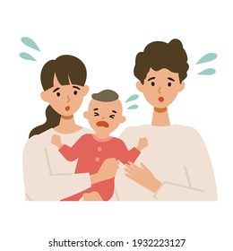 Cute baby and parents worrying. Isolated vector illustration in flat style. 