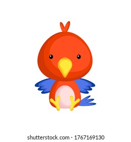 Cute baby parrot sitting isolated on white background. Adorable animal character for design of album, scrapbook, card, invitation on baby shower, party. Flat cartoon colorful vector illustration.