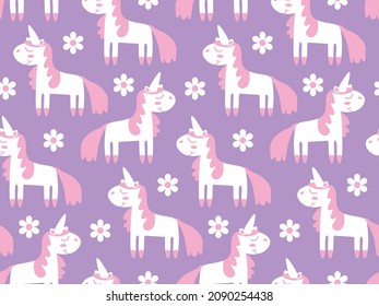 Cute baby pattern with adorable unicorns for girls. Seamless print with sweet white-pink magic pony, flowers on delicate lilac background for girly stationery cover. Fantasy texture for tender fabric.