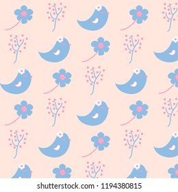 Cute baby pattern with birds. Vector background.