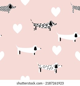 Perros y corazones blancos y negros con un patrón de bebes a la moda en un fondo rosado. Vector