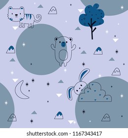 cute baby pattern in blue with wild forest animals 