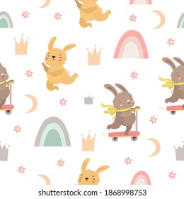 Cute baby pattern with bunnies and a rainbow, bunny on a scooter. Funny animals