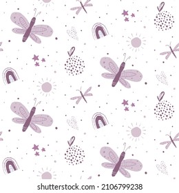 Cute baby pattern with butterflies, rainbows, apples, hearts, zip lines, dots. Great for textile, wallpaper, clothing, background. Vector illustration.