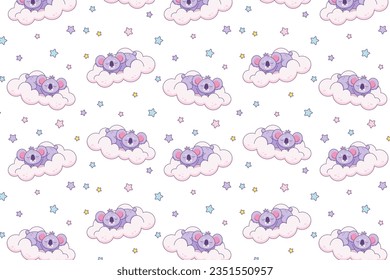 Cute baby pattern. Cartoon style sleeping koala bear on cloud.