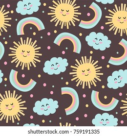 Cute baby pattern. Cartoon sun, rainbow and cloud. Vector background.
