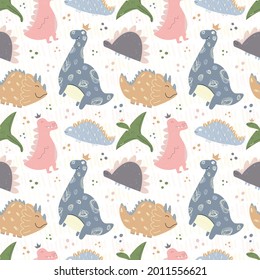 Cute baby pattern with dinosaurs, reptiles and lizards. Seamless ornament. Endless print for fabric, kids textiles. Vector illustration, hand drawn