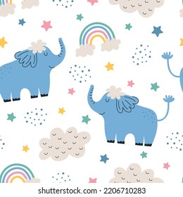 A cute baby pattern with an elephant and clouds. Pattern for children's clothing, packaging, and stationery.