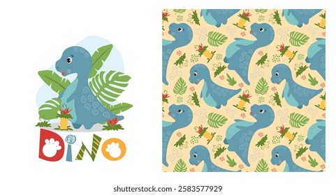 Cute baby pattern with funny dinosaur, kids print, greeting card. Seamless background with prehistoric animals, cute vector texture for baby bedding, fabric, wallpaper, wrapping paper, textile, t