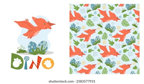 Cute baby pattern with funny pterodactyl, kids print, greeting card. Seamless background with prehistoric animals, cute vector texture for baby bedding, fabric, wallpaper, wrapping paper, textile, t