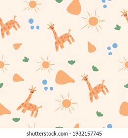 Patrón de bebé lindo con jirafas, soles y puntos abstractos. Patrón transparente para los niños
