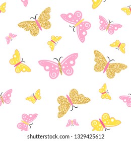 Cute baby pattern with glittering golden and pink butterflies, isolated on white. Little princess texture. Vector.