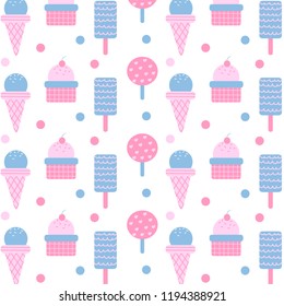 Cute baby pattern with ice cream on white and pink background.