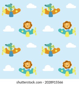 Cute baby  pattern. Lion and crocodile flying a plane. Design for decorating, wallpaper, wrapping paper, fabric.