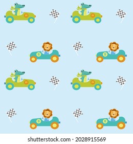 Cute baby  pattern. Lion and crocodile driving a car. Design for decorating, wallpaper, wrapping paper, fabric.