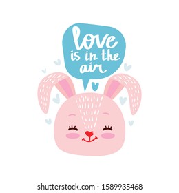 Cute baby pattern with little bunny. Lettering - Love is in the air. Cartoon animal print vector with rabbit, bubble and hearts. Sweet illustration for kids t-shirt, nursery art, children birthday.