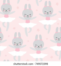 Cute baby pattern with little bunny. Cartoon animal girl print vector seamless. Adorable pink background with ballerina rabbit for girl dress fabric, nursery or children birthday party.