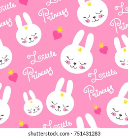 Cute baby pattern with little bunny. Cartoon animal girl print vector seamless. Sweet pink background for princess birthday, kids clothing or dress, nursery wallpaper, bedroom textile.