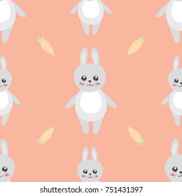 Cute baby pattern with little bunny. Cartoon animal print vector seamless with rabbits and carrots. Kids background for birthday party, children clothing fabric, nursery wallpaper, bedroom textile.