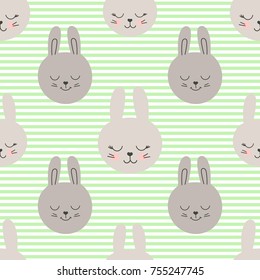 Cute baby pattern with little bunny. Cartoon animal girl and boy print vector seamless. Green stripped background for kids clothing fabric, nursery art and bedroom textile, children birthday party