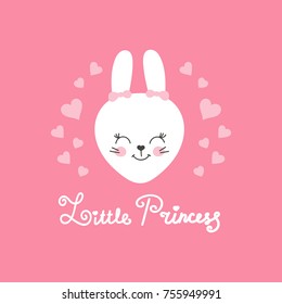 Cute baby pattern with little bunny. Cartoon animal girl print vector. Pink background with smiling rabbit and hearts for princess birthday party, kids t-shirt, pajamas, children bedroom pillow.