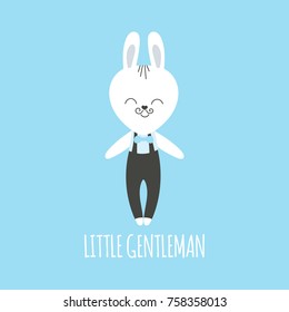 Cute baby pattern with little bunny. Cartoon animal boy print vector. Blue illustration background for small gentleman birthday, clothing, t-shirt, bodysuits, pajamas, nursery poster, bedroom pillow.