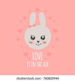 Cute baby pattern with little bunny. Cartoon animal girl print vector with sweet rabbit and hearts. Love is in the air. Illustration for kids t-shirt, pillow case, children birthday, pajamas party.