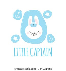 Cute baby pattern with little bunny. Cartoon animal boy print vector. Funny nautical illustration with captain rabbit and anchor patches for children t-shirt, kids birthday party, nursery textile.