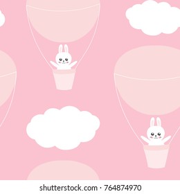Cute baby pattern with little bunny. Cartoon animal girl print vector seamless. Sweet pink background for kids clothing fabric, diaper, children bedroom textile, nursery art, princess birthday.