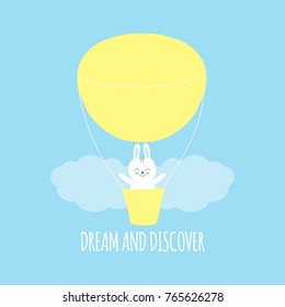Cute baby pattern with little bunny. Cartoon animal boy print vector with rabbit in air balloon. Funny illustration for kids t-shirt, children night clothing, pajamas, pillow case, nursery poster.