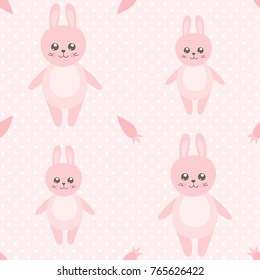 Cute baby pattern with little bunny. Cartoon animal girl print vector seamless. Sweet pink polka dot background with rabbit and carrots for children pajamas fabric, nursery diaper, bedroom textile.