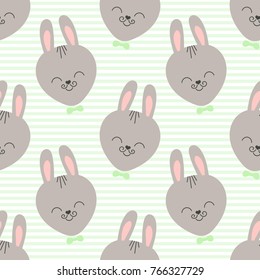 Cute baby pattern with little bunny. Cartoon animal boy print vector seamless. Striped background with funny rabbit face for children t-shirt fabric, kids bedroom textile, nursery, birthday party.
