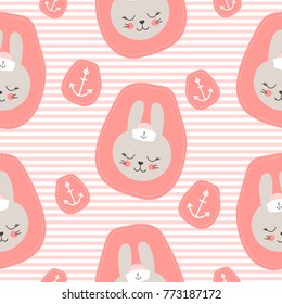 Cute baby pattern with little bunny. Cartoon animal girl print vector seamless. Nautical kids background with sailor rabbit patch for children birthday party, pajamas fabric, nursery bedroom textile.