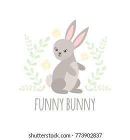 Cute baby pattern with little bunny. Cartoon animal character children print vector. Sweet kids background with forest hare and flowers for pajamas, t-shirt, bedroom textile, pillow, nursery.