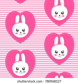 Cute baby pattern with little bunny. Cartoon animal girl print vector seamless. Kids background with funny rabbit face patches for children clothing, princess pajamas party, nursery, bedroom textile.