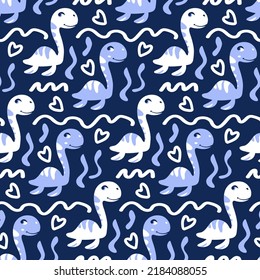 Cute baby pattern with marine dinosaur. Water dino swims in blue sea. Adorable friendly monster for seamless baby fabric print. Magical animal. Long neck, large eye,  flippers. Cute kids' wallpaper.